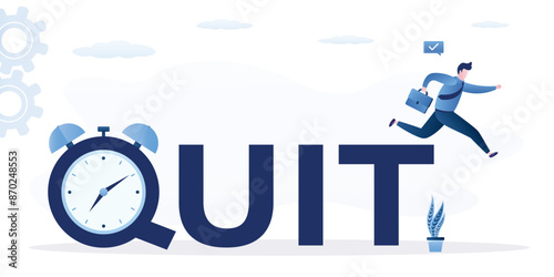 Happy businessman running from alarm clock with the word QUIT. Time to quit day time job, resign from full time career, leaving company and independence from office job.