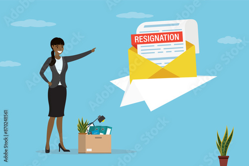 Female employee sending resignation letter to chief. Change of job, unemployment, resign concept. Paper plane with document about dismissal. Worker woman with office tools.