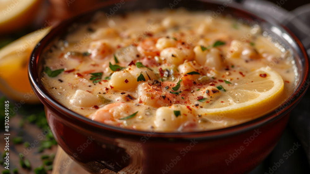 A bowl of creamy seafood chowder with lemon and herbs. A bowl of creamy seafood chowder with lemon and herbs.