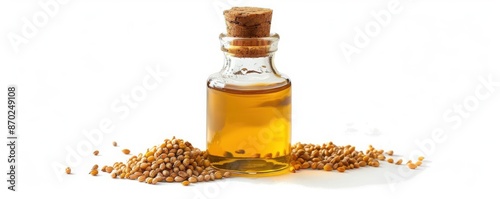 Camelina oil bottle, ancient grain oil, modern art style, isolated on white background