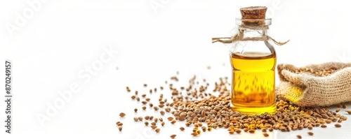 Camelina oil bottle, ancient grain oil, modern art style, isolated on white background