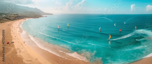 Aerial View of Kitesurfers on a Beautiful Sandy Beach
