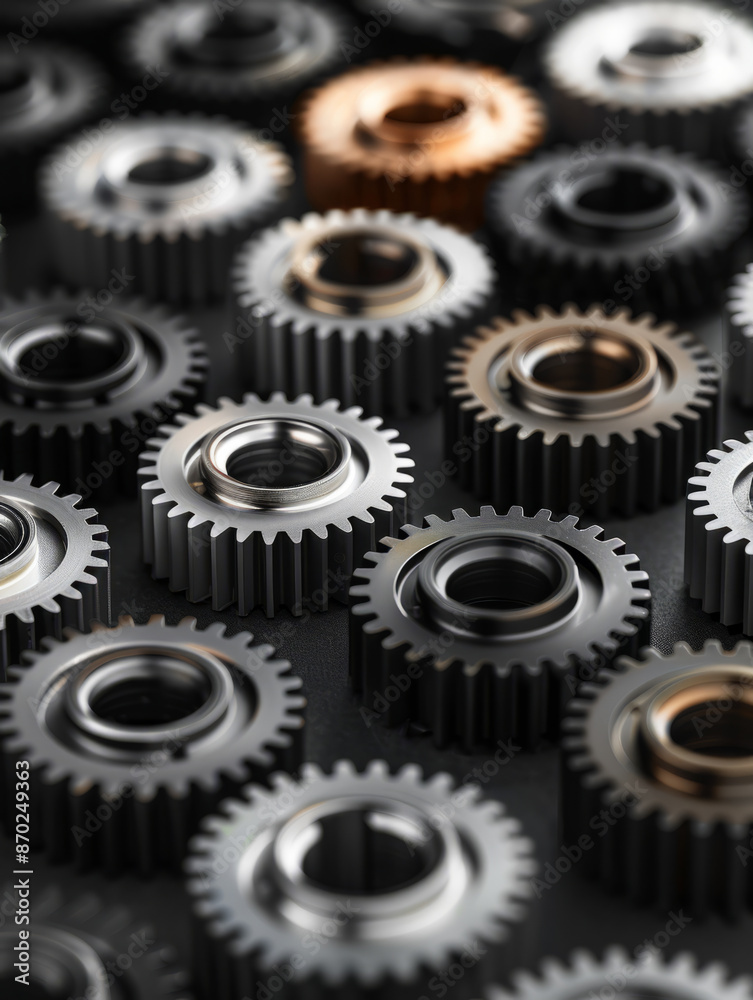 A close-up of various metal gears and cogwheels. A close-up of various metal gears and cogwheels.