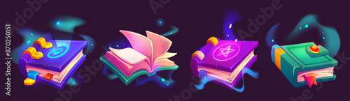 Magic closed and open books with parchment paper, hard cover with glowing ancient wizard symbols, bookmarks. Cartoon vector game ui design assets of old medieval mystery literature with papyrus page.