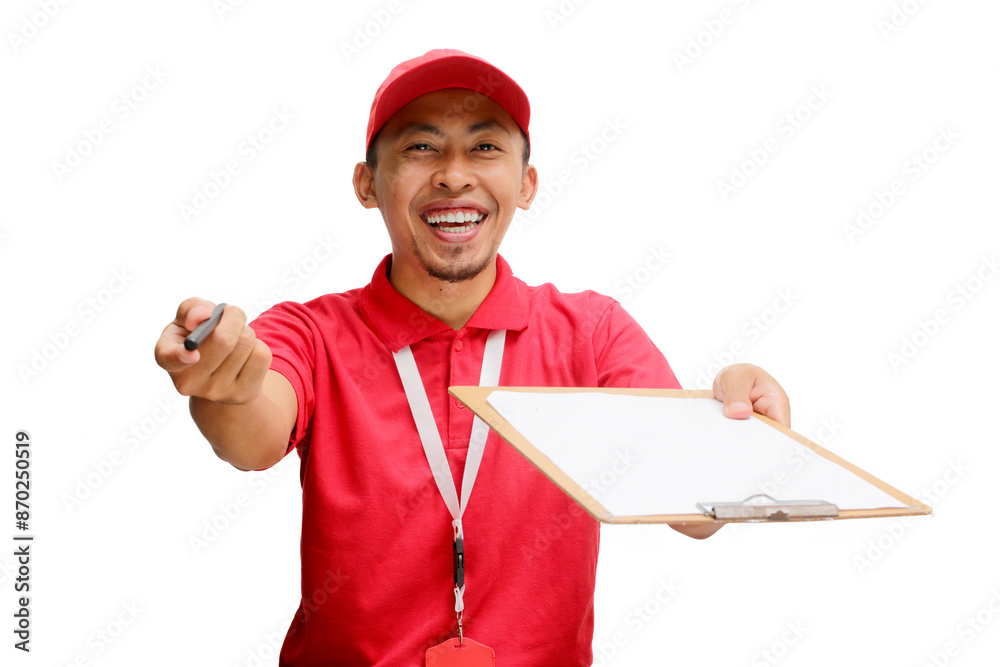 Excited Asian delivery man or courier offering a clipboard with a document to the camera for signing, acknowledging receipt of a delivered package, isolated on a white background Excited Asian delivery man or courier offering a clipboard with a document to the camera for signing, acknowledging receipt of a delivered package, isolated on a white background