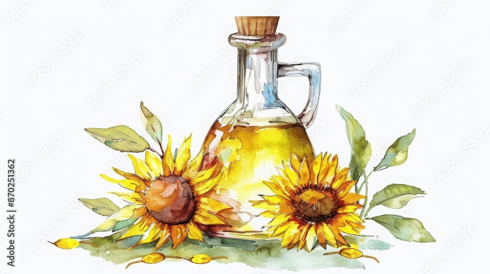 Sunflower oil bottle, culinary oil, watercolor style, isolated on white background Sunflower oil bottle, culinary oil, watercolor style, isolated on white background