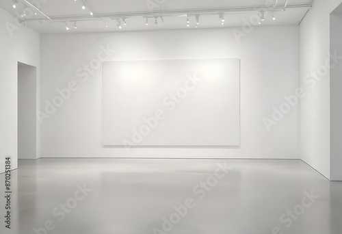 empty white canvas on a wall in a bright gallery space with minimalist design concept of modern art exhibition 3d rendering mock up