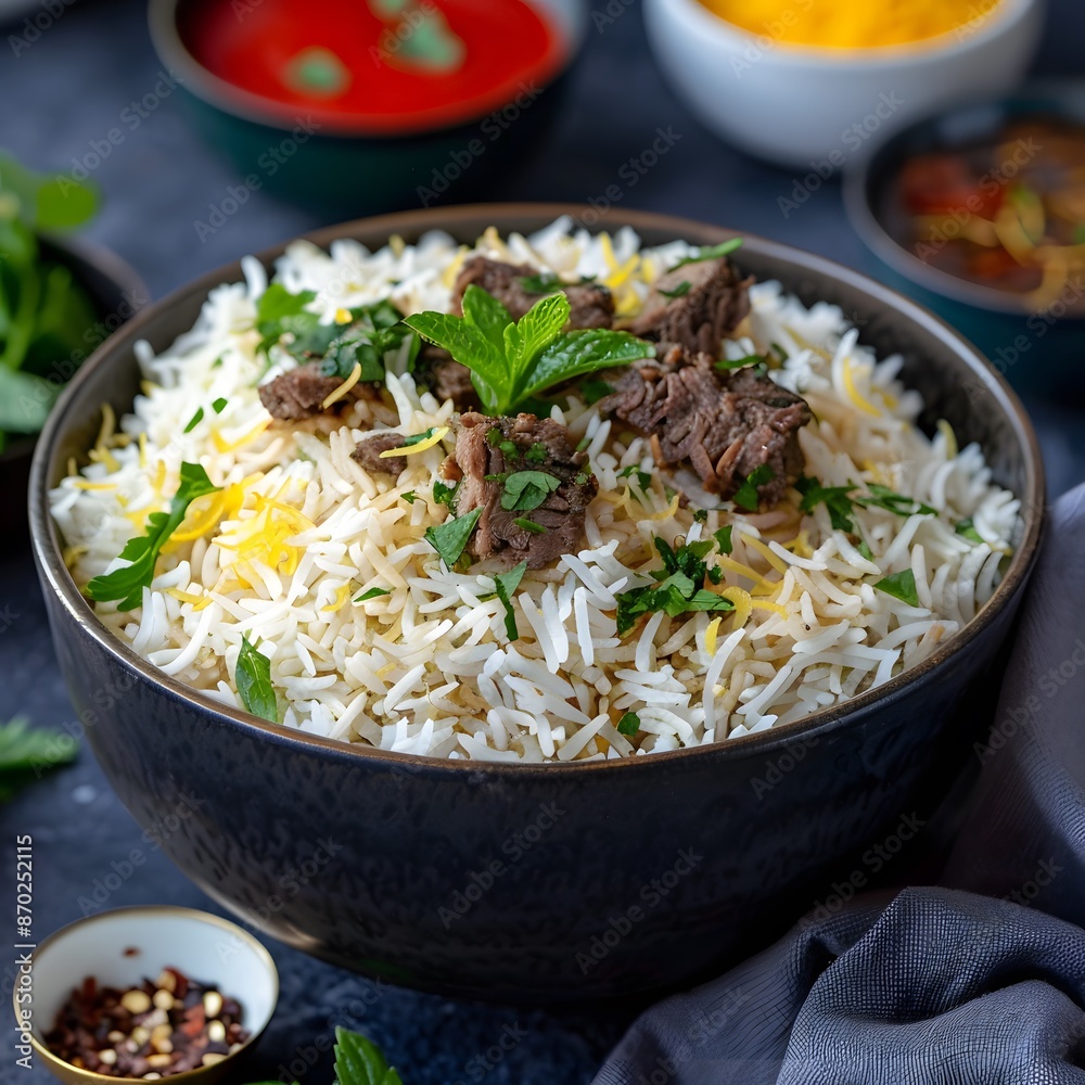 Close-up of a Bowl of Beef and Rice with Parsley and Mint Close-up of a Bowl of Beef and Rice with Parsley and Mint