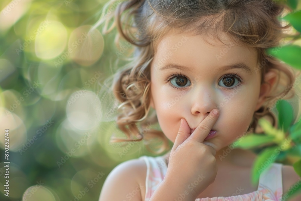 little girl with a serene expression holds a finger to its lips. ai generative little girl with a serene expression holds a finger to its lips. ai generative
