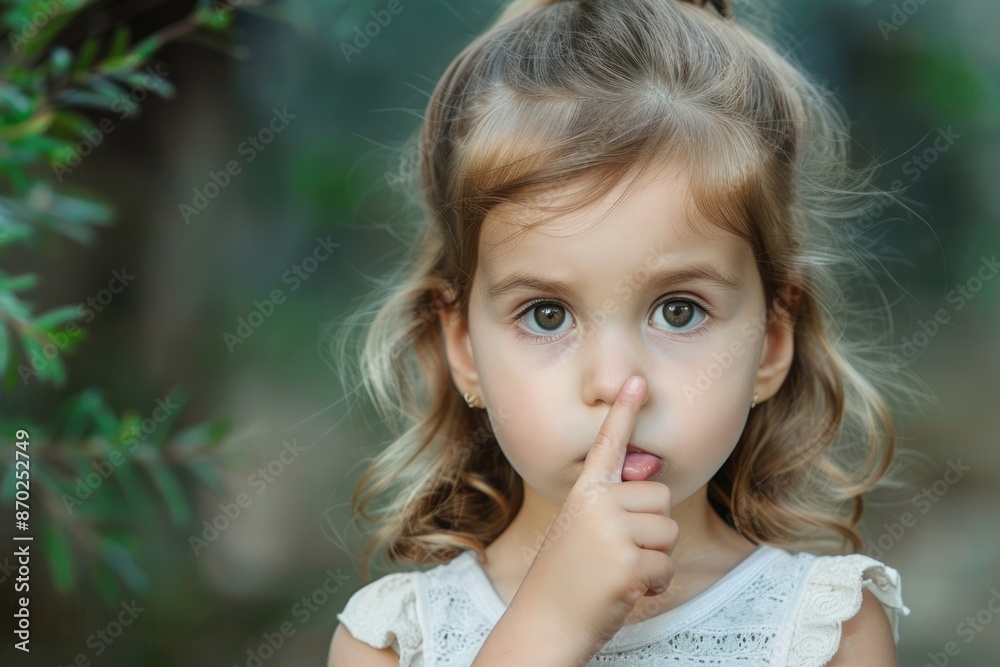little girl with a serene expression holds a finger to its lips. ai generative little girl with a serene expression holds a finger to its lips. ai generative