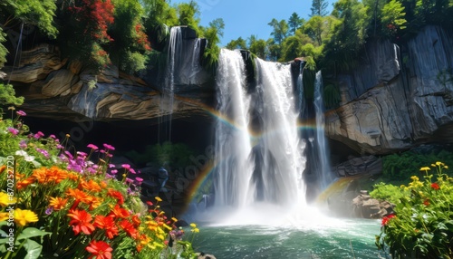 Majestic Waterfall with Rainbow and Flowers.