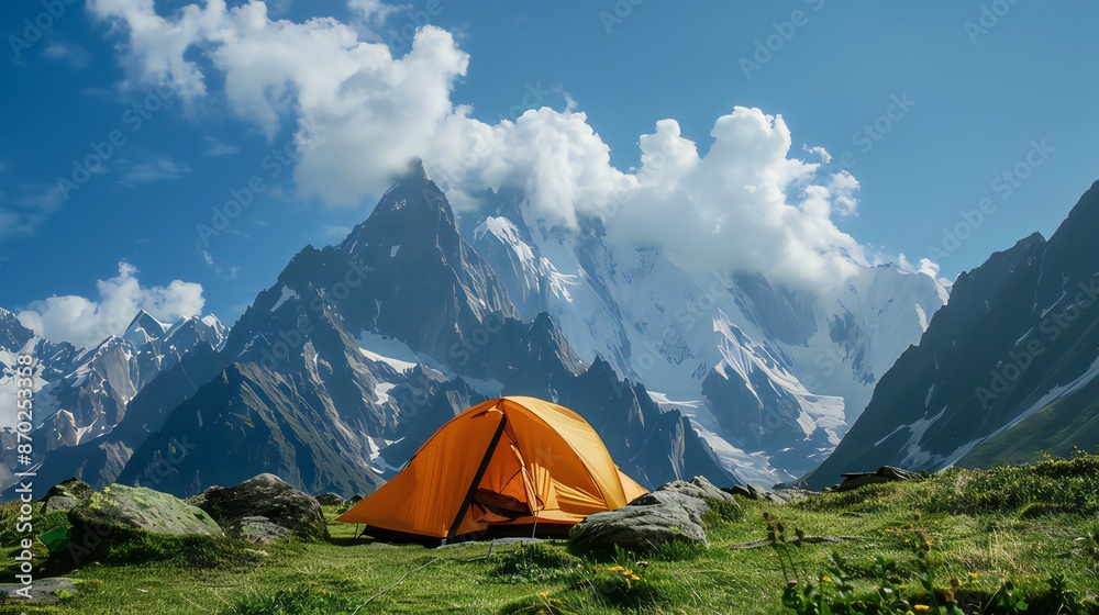 A tent is positioned in front of a tourist camp in the highlands A tent is positioned in front of a tourist camp in the highlands