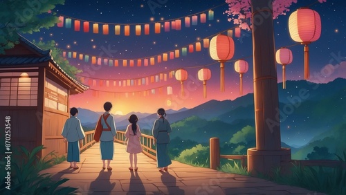 Family Festival at Sunset with lanterns and traditional attire, culturally rich experience