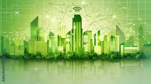 Environmental tech integration with smart green buildings, digital tone, analogous color scheme, front view, emphasizing sustainable innovation