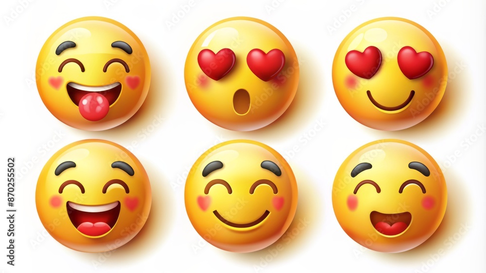 Fototapeta premium Vibrant yellow emoticon set featuring cute smile, tongue, kiss, heart, and tear facial expressions on a clean white background.