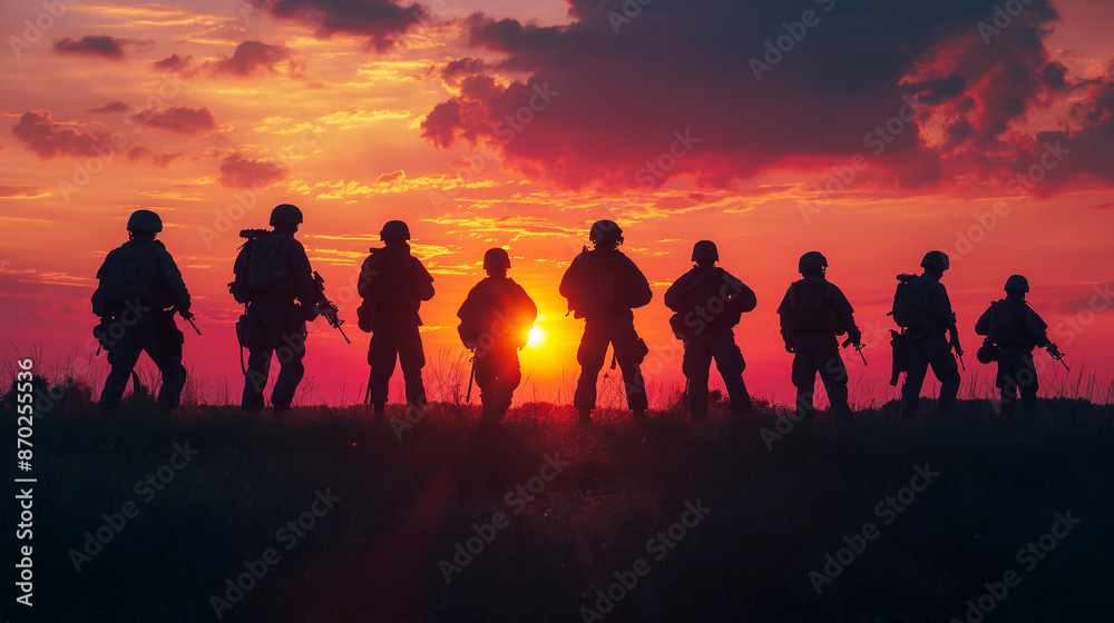 Silhouettes of military soldiers against a sunset background Silhouettes of military soldiers against a sunset background