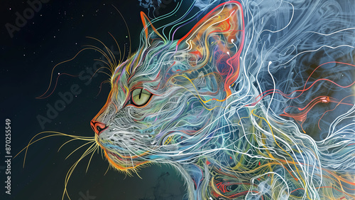 A cat's head made of smoke and colors lines on a black background. Illustration On The Theme Of Art, Art And Painting