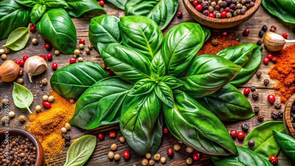 Fresh Basil Leaves With Spices On A Wooden Table. Fresh Basil Leaves With Spices On A Wooden Table.
