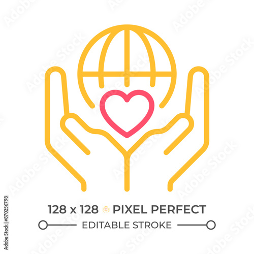 Charitable organization two color line icon. Globe and heart bicolor outline symbol. International support. Humanitarian aid worldwide. Duotone linear pictogram. Isolated illustration. Editable stroke