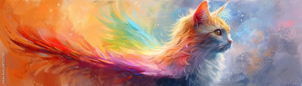 Winged cat with rainbow fur, Fantasy, Soft pastels, Watercolor, Enchanted scene with magical aura Winged cat with rainbow fur, Fantasy, Soft pastels, Watercolor, Enchanted scene with magical aura