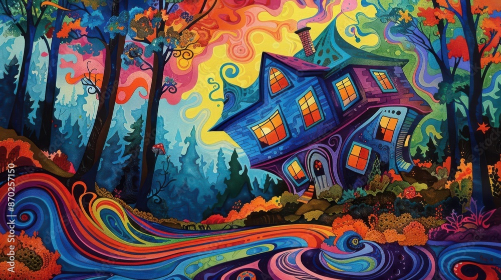 Upside-down house in a forest, Psychedelic, Bold colors, Watercolor, Whimsical design with swirling patterns Upside-down house in a forest, Psychedelic, Bold colors, Watercolor, Whimsical design with swirling patterns