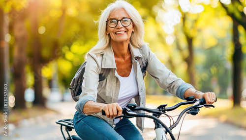 Happy old lady on a walk in the park on a bike.