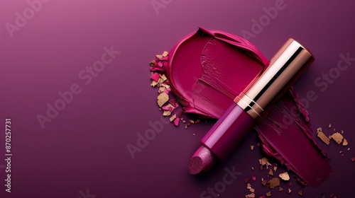 A high-quality image featuring a crushed burgundy lipstick with its cap alongside, scattered on a purple backdrop The image illustrates beauty, femininity, and the concept of imperfection in beauty
