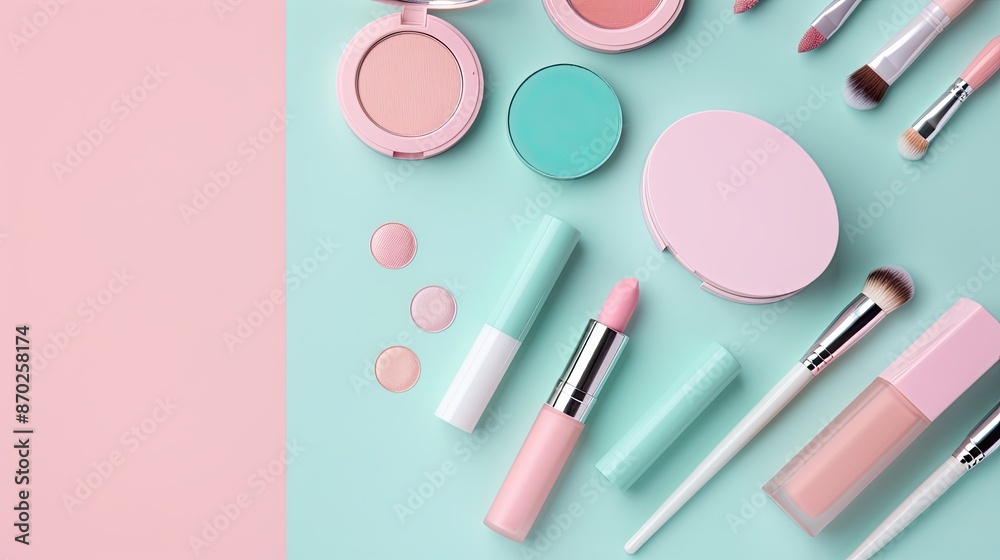 Makeup products on pastel backdrop, eyeliner and palette Makeup products on pastel backdrop, eyeliner and palette