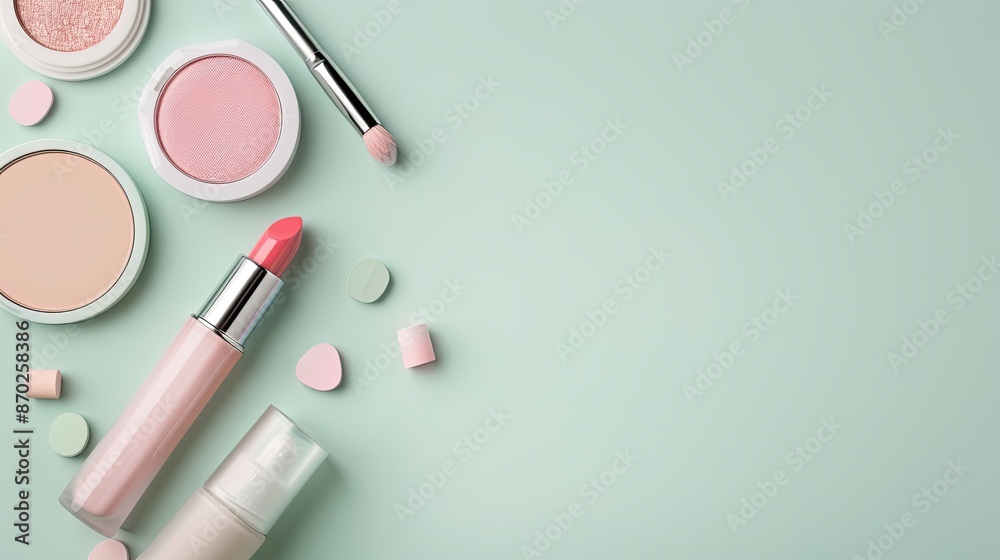 Cosmetics on pastel background, lip gloss and eyeshadow, blank space, stylish and modern