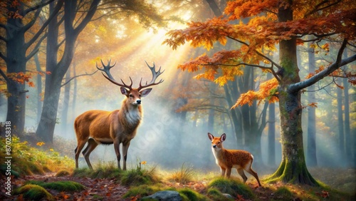 A Majestic Elk Stands In The Forest, Surrounded By The Warm Colors Of Autumn. © DigitalArt Max