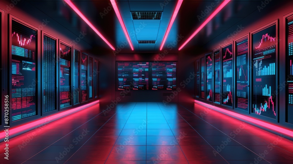 Futuristic Stock Market Trading Floor with Holographic Data Visuals and Neon Glow Futuristic Stock Market Trading Floor with Holographic Data Visuals and Neon Glow