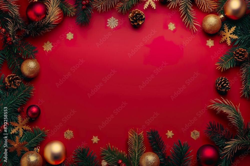Christmas and New Year holiday background with fir tree branches, red balls and snowflakes. Top view with copy space. Christmas and New Year holiday background with fir tree branches, red balls and snowflakes. Top view with copy space.