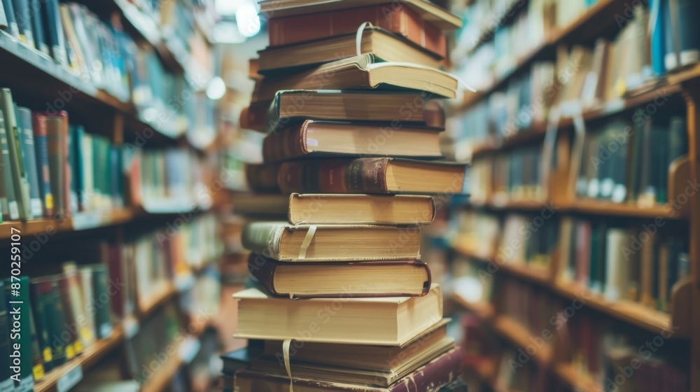 A large, tall stack of books is placed in the center of a library aisle filled with shelves of books, symbolizing knowledge and exploration. A large, tall stack of books is placed in the center of a library aisle filled with shelves of books, symbolizing knowledge and exploration.