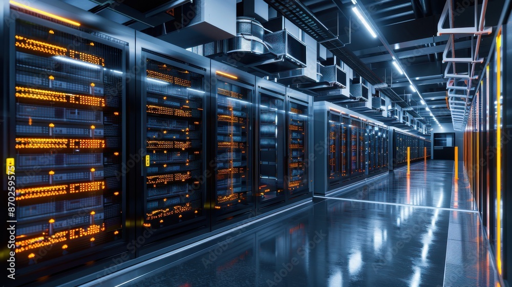 Fototapeta premium Advanced lithiumion battery arrays in a modern facility, futuristic tone, vivid color scheme, side view, showcasing highcapacity energy storage
