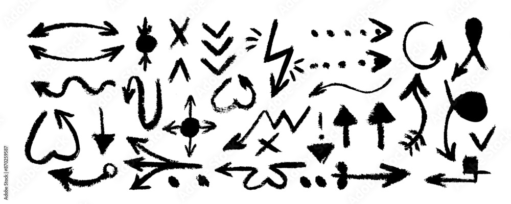 Hand drawn charcoal arrows set isolated on white background. Doodle vector ink illustration. Black arrows pointing in different directions. Grunge brush strokes. Hand drawn charcoal arrows set isolated on white background. Doodle vector ink illustration. Black arrows pointing in different directions. Grunge brush strokes.