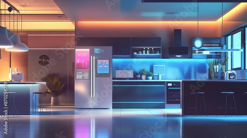 Smart Home Technology: Family Interacting with Touchscreen Fridge, Automated Lighting, and Voice Activated Assistant