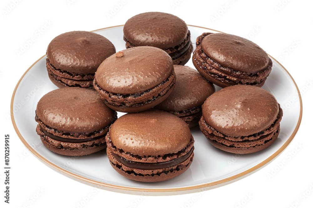 Chocolate macaroons on white plate isolated on transparent background Chocolate macaroons on white plate isolated on transparent background