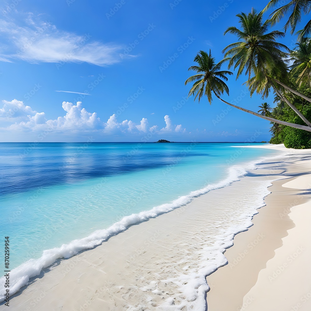 Fototapeta premium A tropical beach scene with three palm trees leaning towards the turquoise water, white sand, and a bright blue sky.