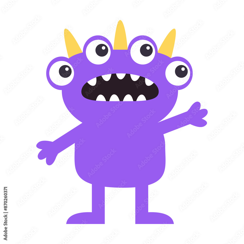 Cute violet yellow monster standing. Happy Halloween. Monsters silhouette icon. Four eyes, surprised face. Cartoon kawaii funny character. Childish style. Flat design Isolated. White background Vector Cute violet yellow monster standing. Happy Halloween. Monsters silhouette icon. Four eyes, surprised face. Cartoon kawaii funny character. Childish style. Flat design Isolated. White background Vector