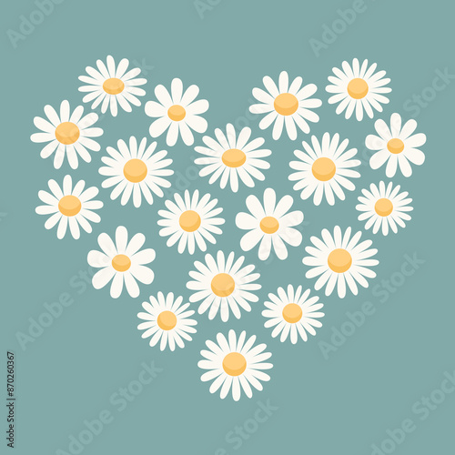 White daisy chamomile heart. Camomile icon set. Cute hand drawn abstract flower plant collection. Growing concept. Valentines Day. Love card sign symbol. Flat design. Green background Isolated. Vector