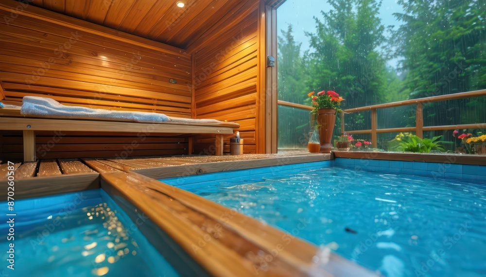 Obraz premium Wooden Sauna With Outdoor Plunge Pool.