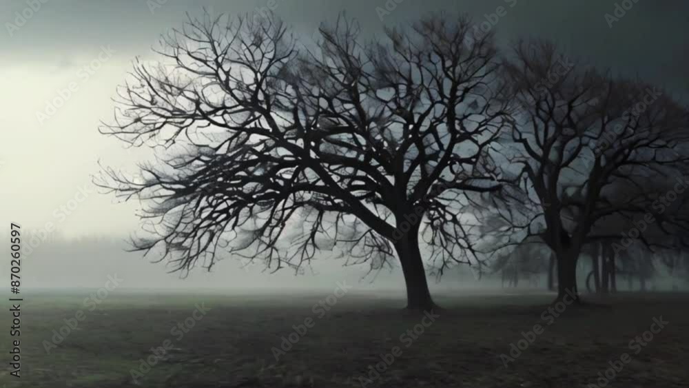 dark trees without leaves in fog and dark sky dark trees without leaves in fog and dark sky