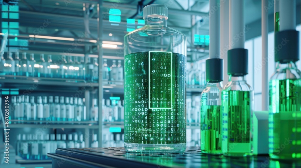 Fototapeta premium Environmentfriendly battery technology in a modern lab, digital binary as object, vivid color scheme, side view, showcasing ecofriendly advancements