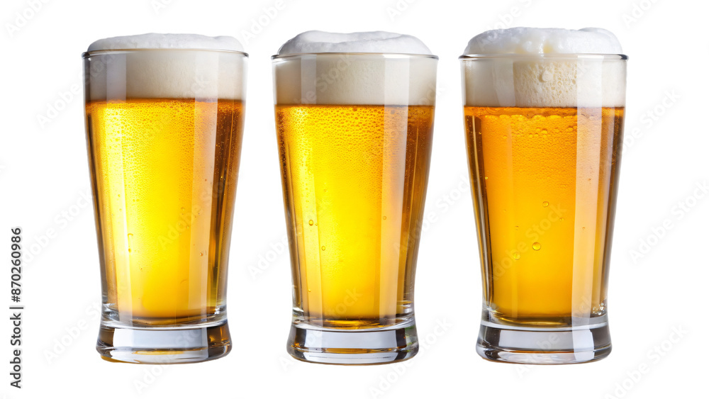 A tall, glasses filled with golden colored lager beer, topped with a creamy white foam, sits isolated on a bright white background A tall, glasses filled with golden colored lager beer, topped with a creamy white foam, sits isolated on a bright white background