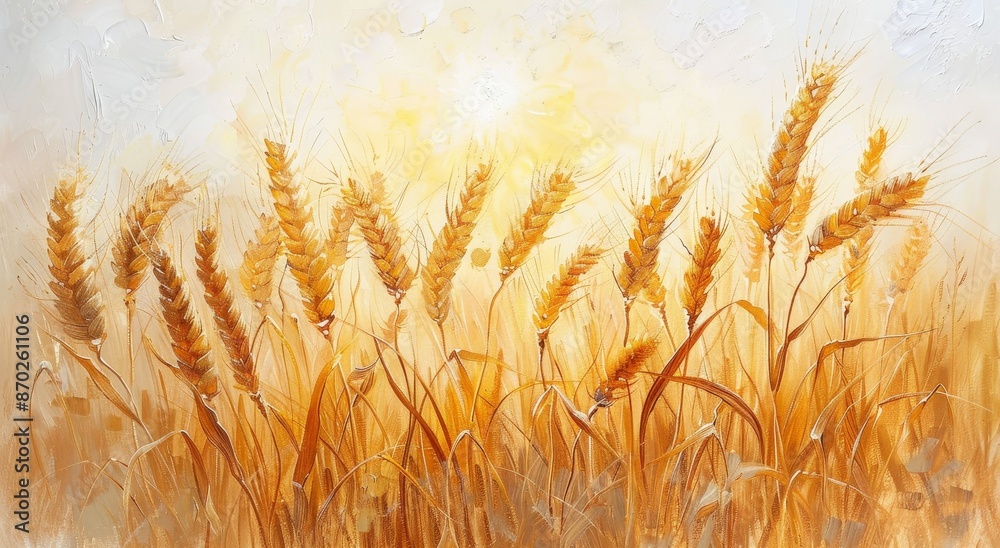 A golden wheat field, the background is white and light yellow, the sun shines on it from behind, the grain heads of corn ears with leaves are clearly visible A golden wheat field, the background is white and light yellow, the sun shines on it from behind, the grain heads of corn ears with leaves are clearly visible