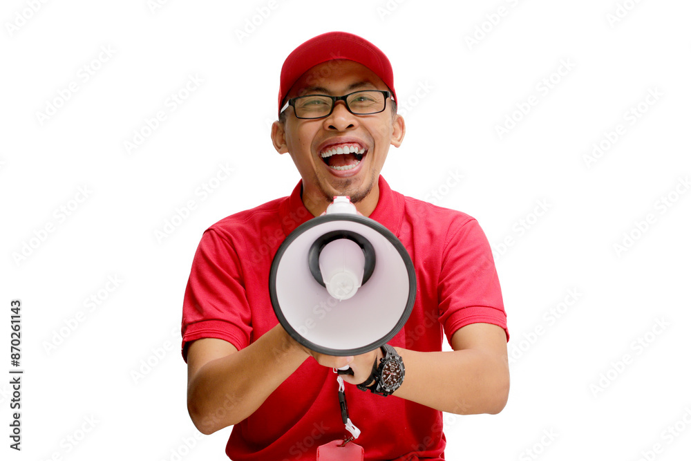 Asian delivery man or courier shouting into a megaphone, announcing a promo, special offer, discount, and great deals, isolated on a white background Asian delivery man or courier shouting into a megaphone, announcing a promo, special offer, discount, and great deals, isolated on a white background