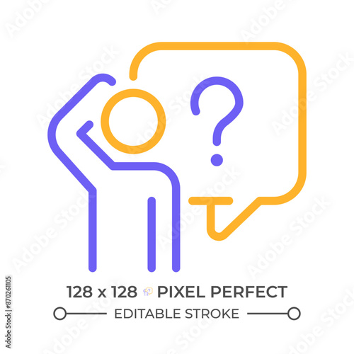 Bewildered person two color line icon. Person scratching head bicolor outline symbol. Confused and uncertain person. Duotone linear pictogram. Isolated illustration. Editable stroke