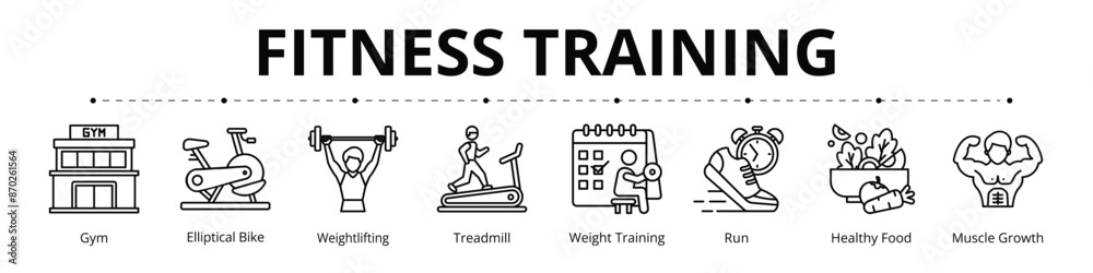 Fitness Training Line Banner Web Icon Set Vector Illustration, Weightlifting Elliptical Bike Run Gym Weight Training Healthy Food Muscle Growth Treadmill Fitness Training Line Banner Web Icon Set Vector Illustration, Weightlifting Elliptical Bike Run Gym Weight Training Healthy Food Muscle Growth Treadmill