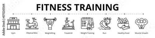 Fitness Training Line Banner Web Icon Set Vector Illustration, Weightlifting Elliptical Bike Run Gym Weight Training Healthy Food Muscle Growth Treadmill
