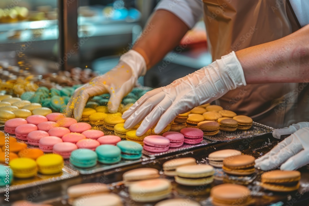 Professional Photography of patissier baking colorful macarons with precision and care, showcasing their skill in French pastry art, Generative AI